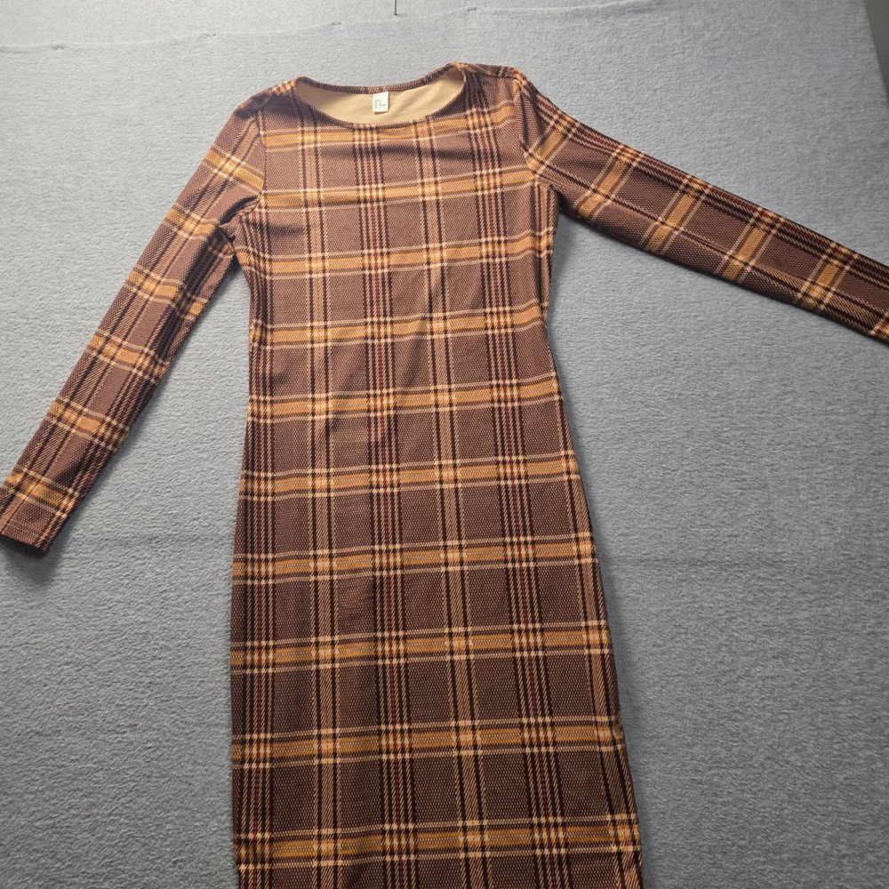 Plaid Bodycon Maxi Dress Womens Medium Brown Retro Preppy Mod Fall Long Sleeve